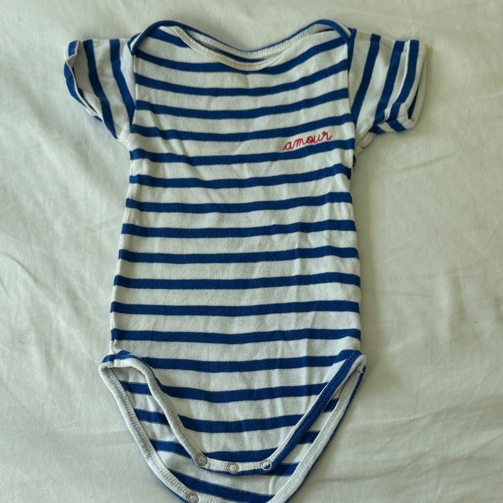 Maison Labiche. Amour. Marinere Striped Blue and White Baby Onesie. 12/18 months